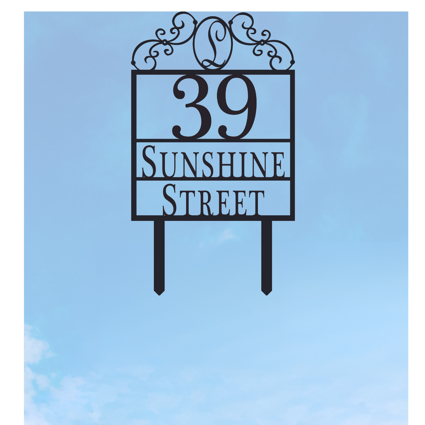 Scroll House Number Plaque with Stakes and Monogram