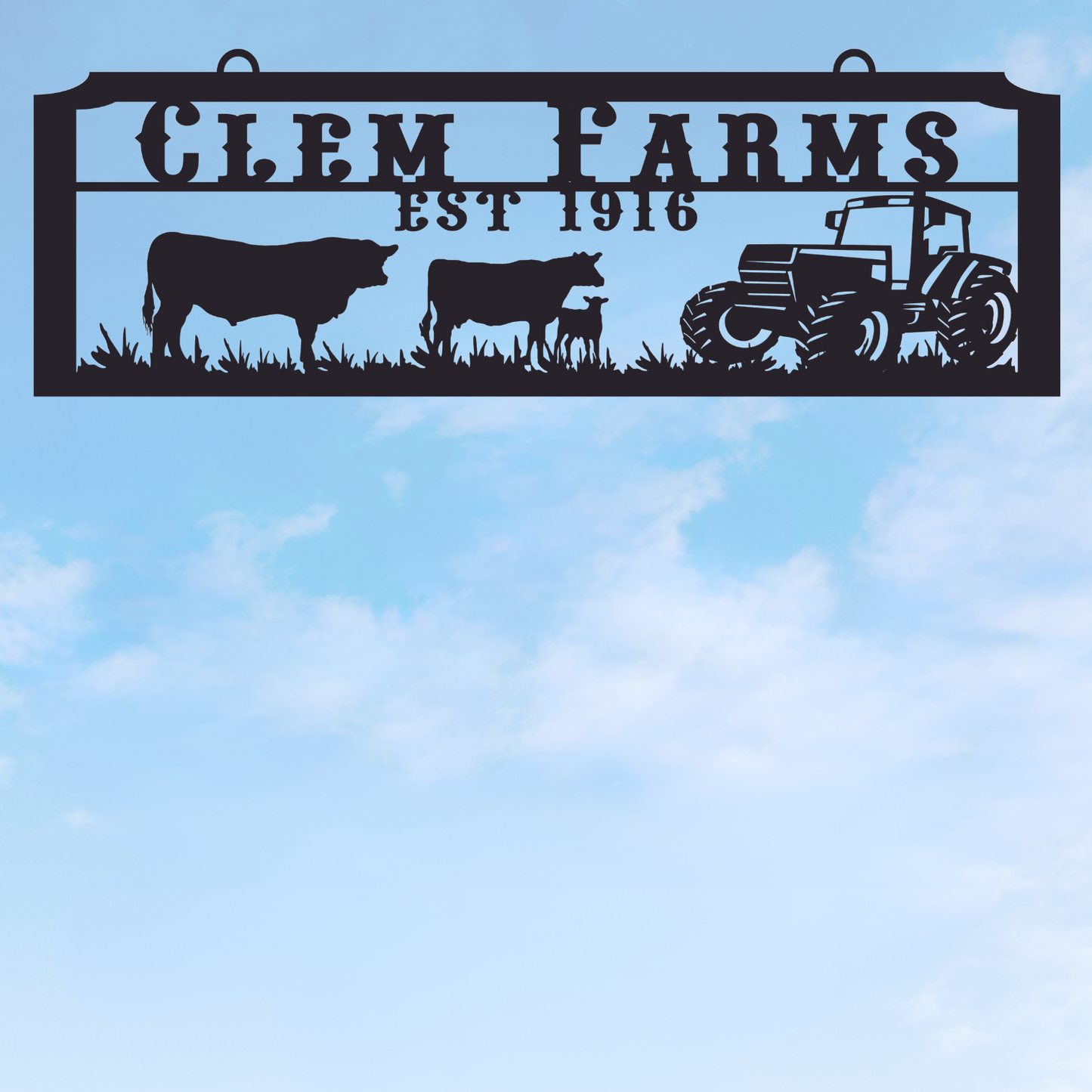 Large Entrance/Gate Ranch Sign with a Cow Family and Tractor
