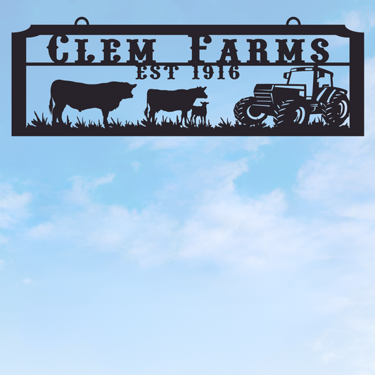 Large Entrance/Gate Ranch Sign with a Cow Family and Tractor