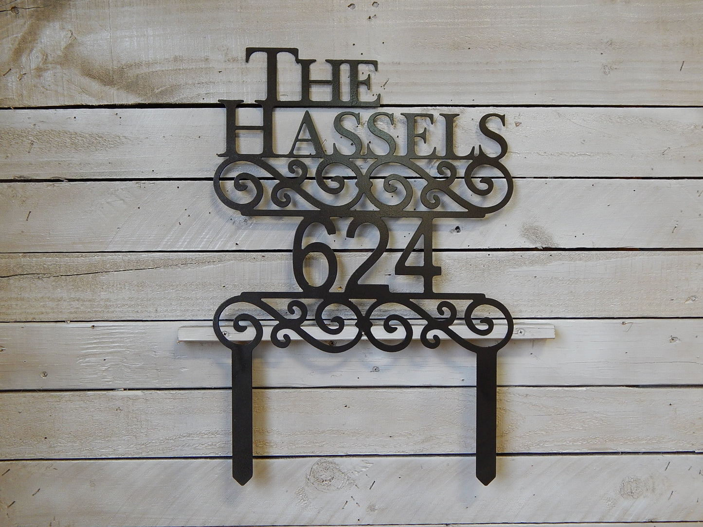 Scroll House Number Stake with Last Name