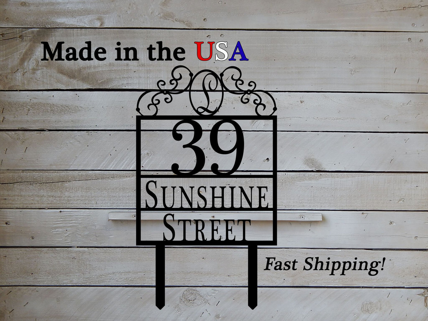 Scroll House Number Plaque with Stakes and Monogram