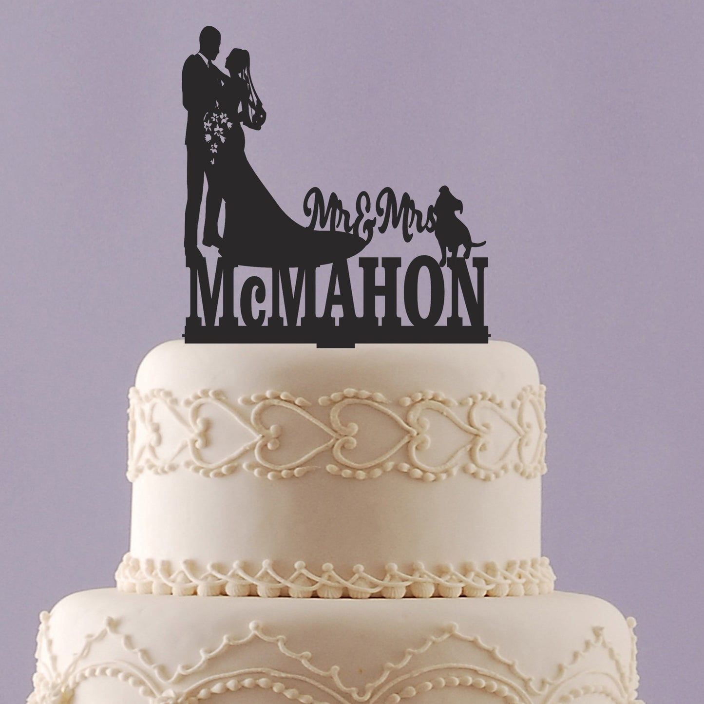 Mr & Mrs Cake Topper with Dog and Last Name