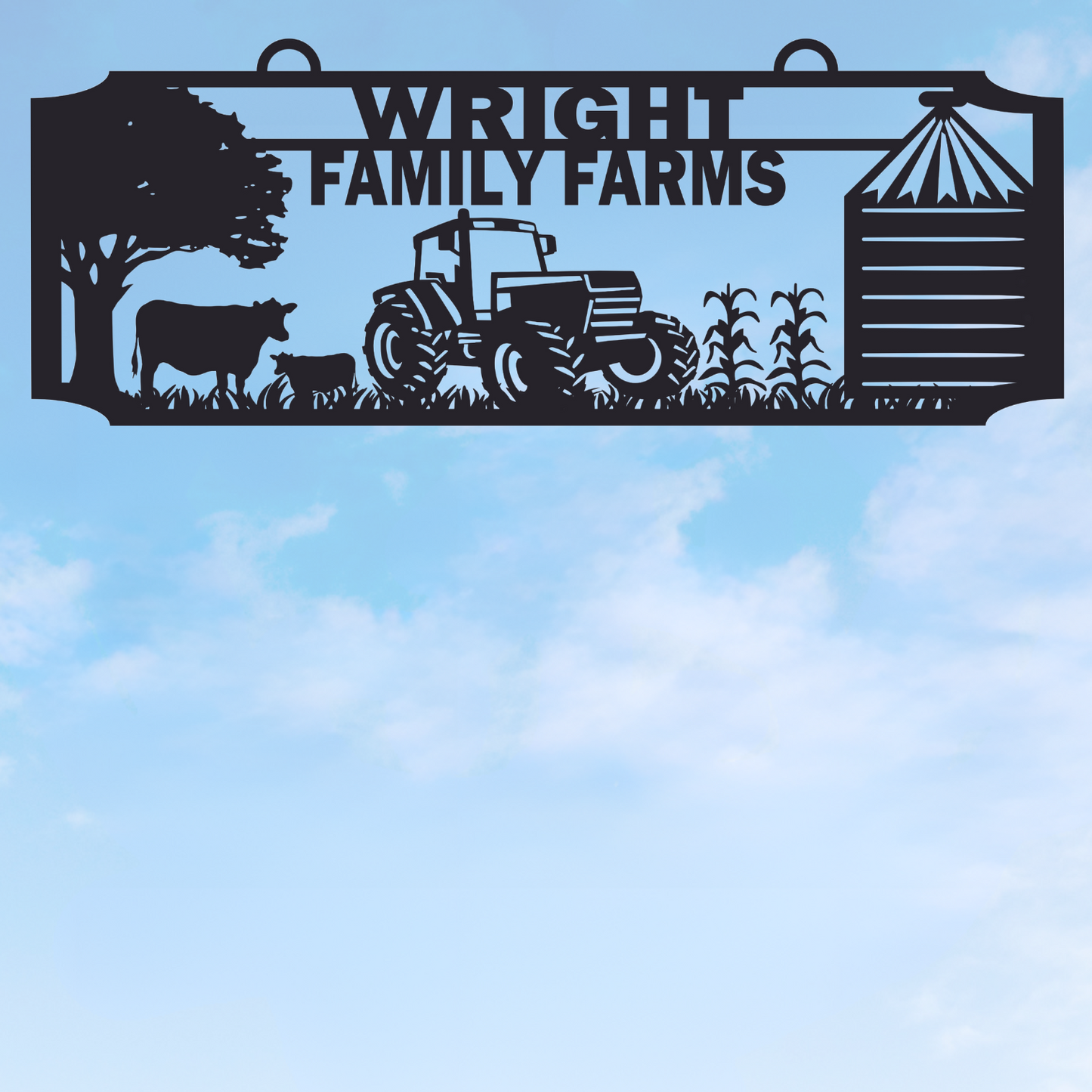 Farm Sign with Farm Mill, Tractor, and Cows