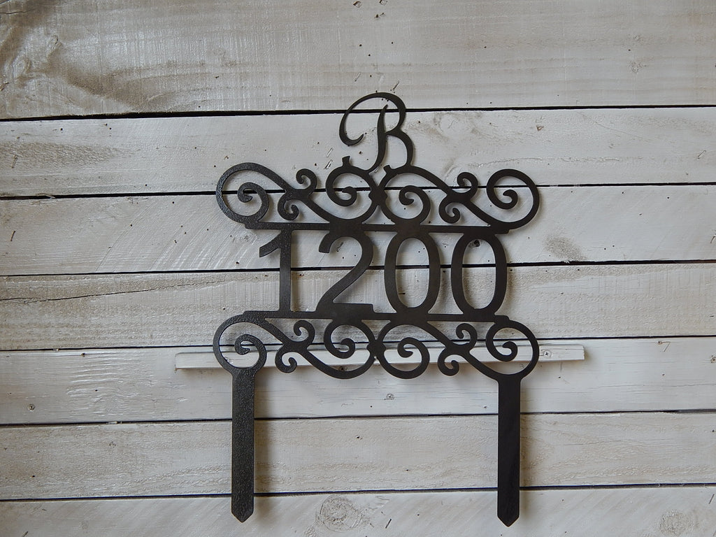 Scroll House Number Plaque with Stakes and Initial