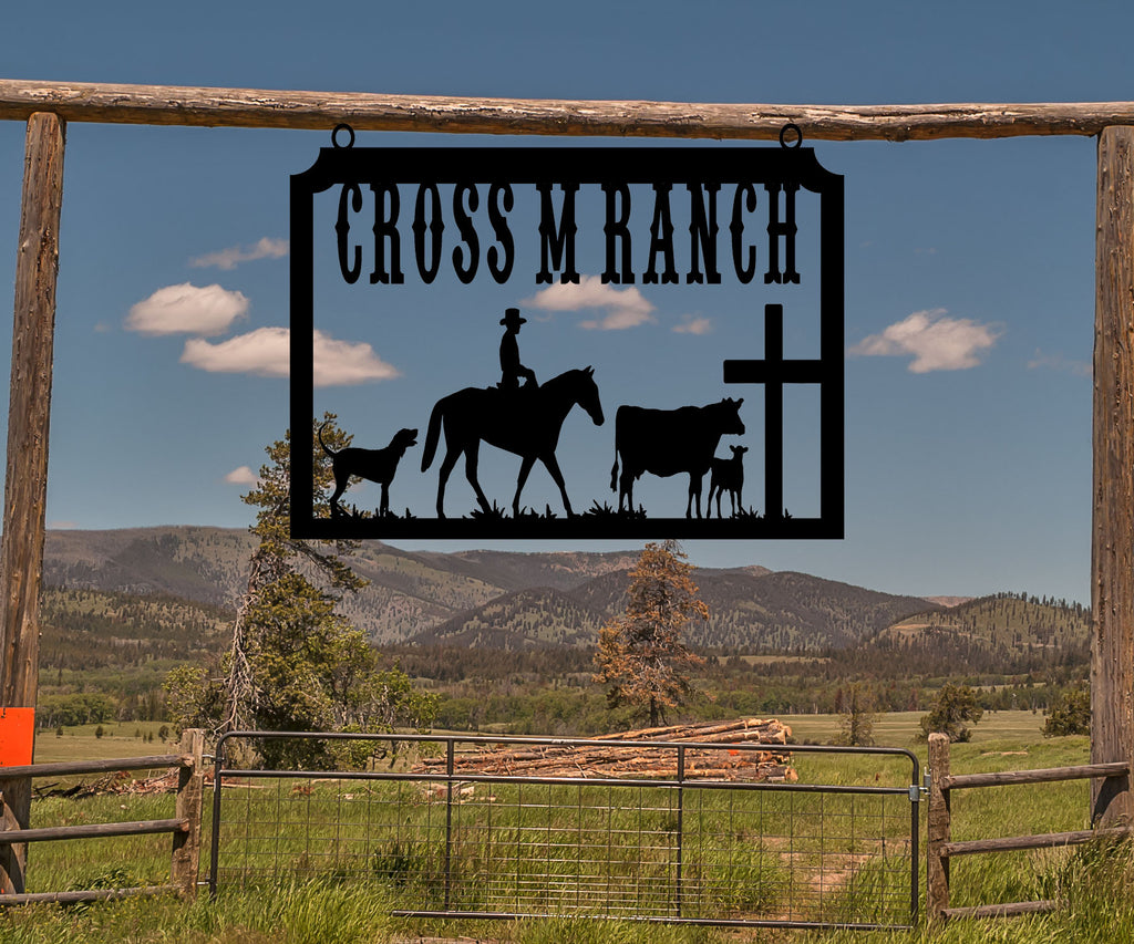 Cowboy on Horse, Cross, Ranch Sign