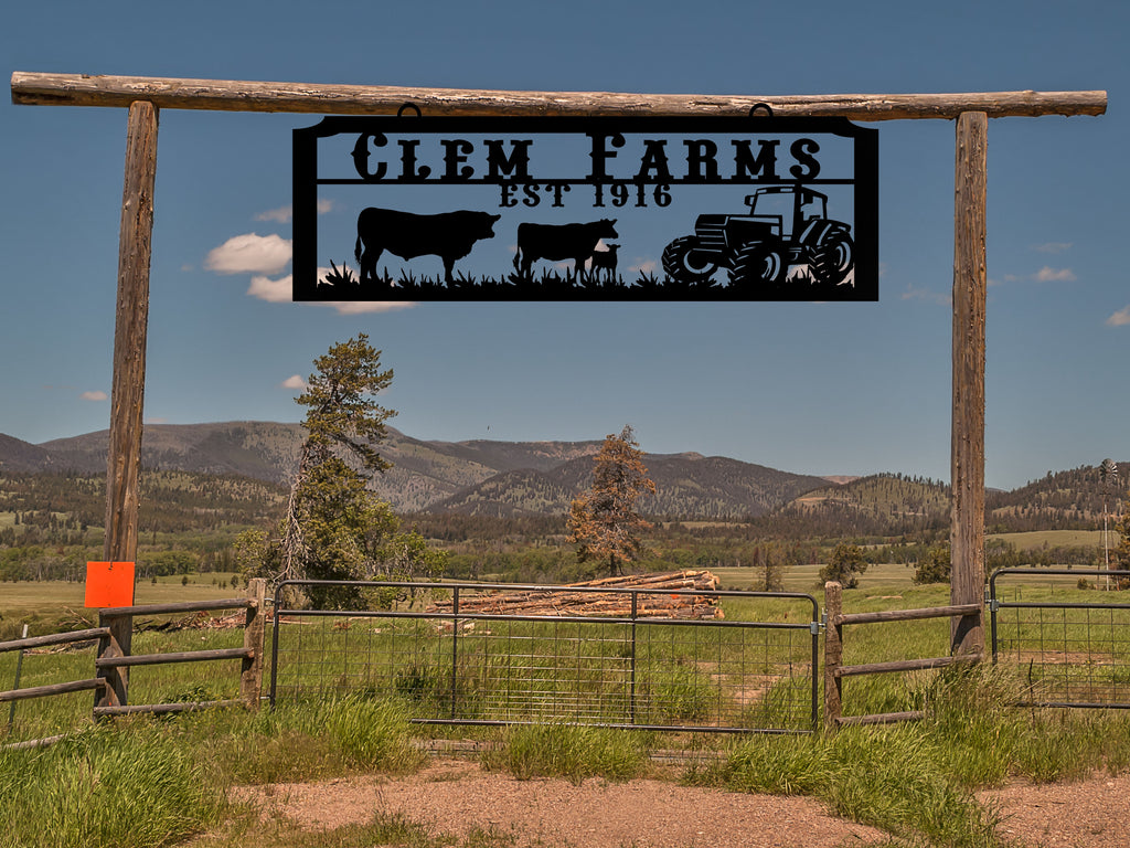 Large Entrance/Gate Ranch Sign with a Cow Family and Tractor