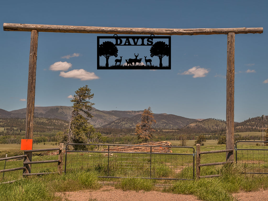 Rectangle Ranch Sign with Deer Family and Tree Silhouette