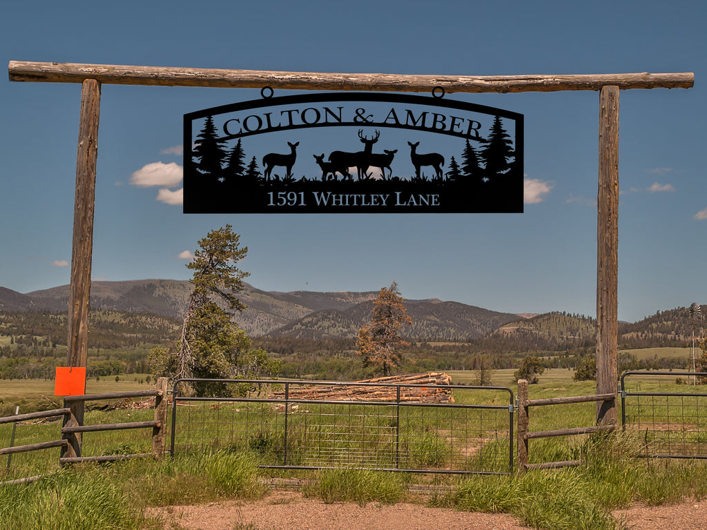 Rectangle Ranch Sign with Deer Family and Pine Trees