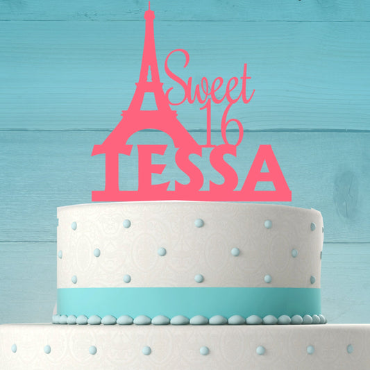 Sweet 16 with Name and Paris Eiffel Tower Cake Topper