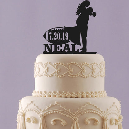 Football Bride and Groom Wedding Cake Topper with Name and Date