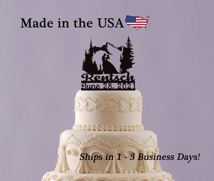 Mountain Wedding Cake Topper with Name and Date