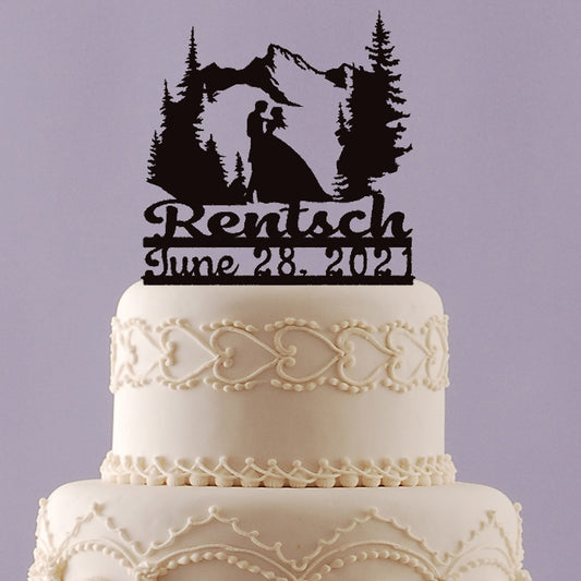 Mountain Wedding Cake Topper with Name and Date