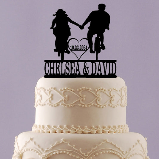 Biking Couple Wedding Cake Topper with Name and Date