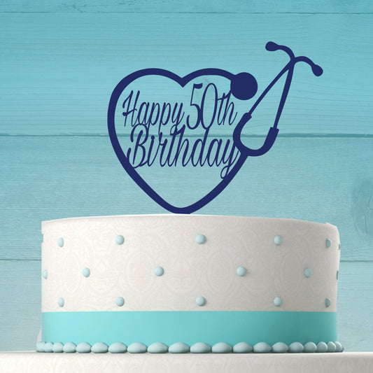 Happy Birthday Nurse Heart Stethoscope Cake Topper, Any Age