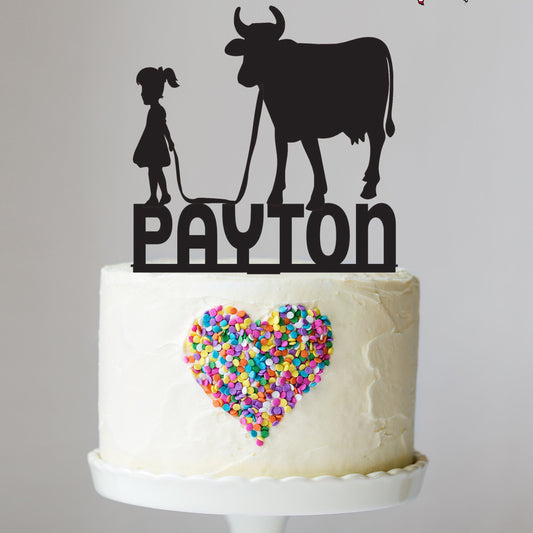 Girl and Cow Cake Topper with Name