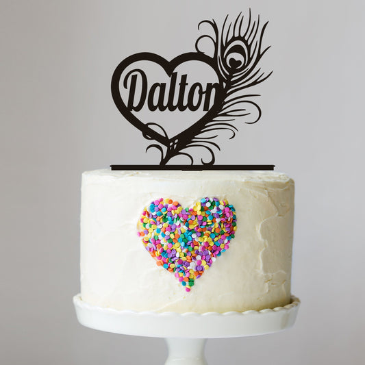 Heart Feather Cake Topper with Name