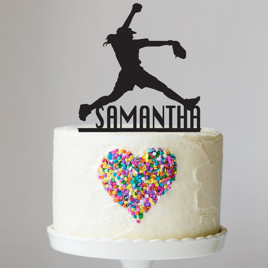 Female Softball Player Cake Topper with Name