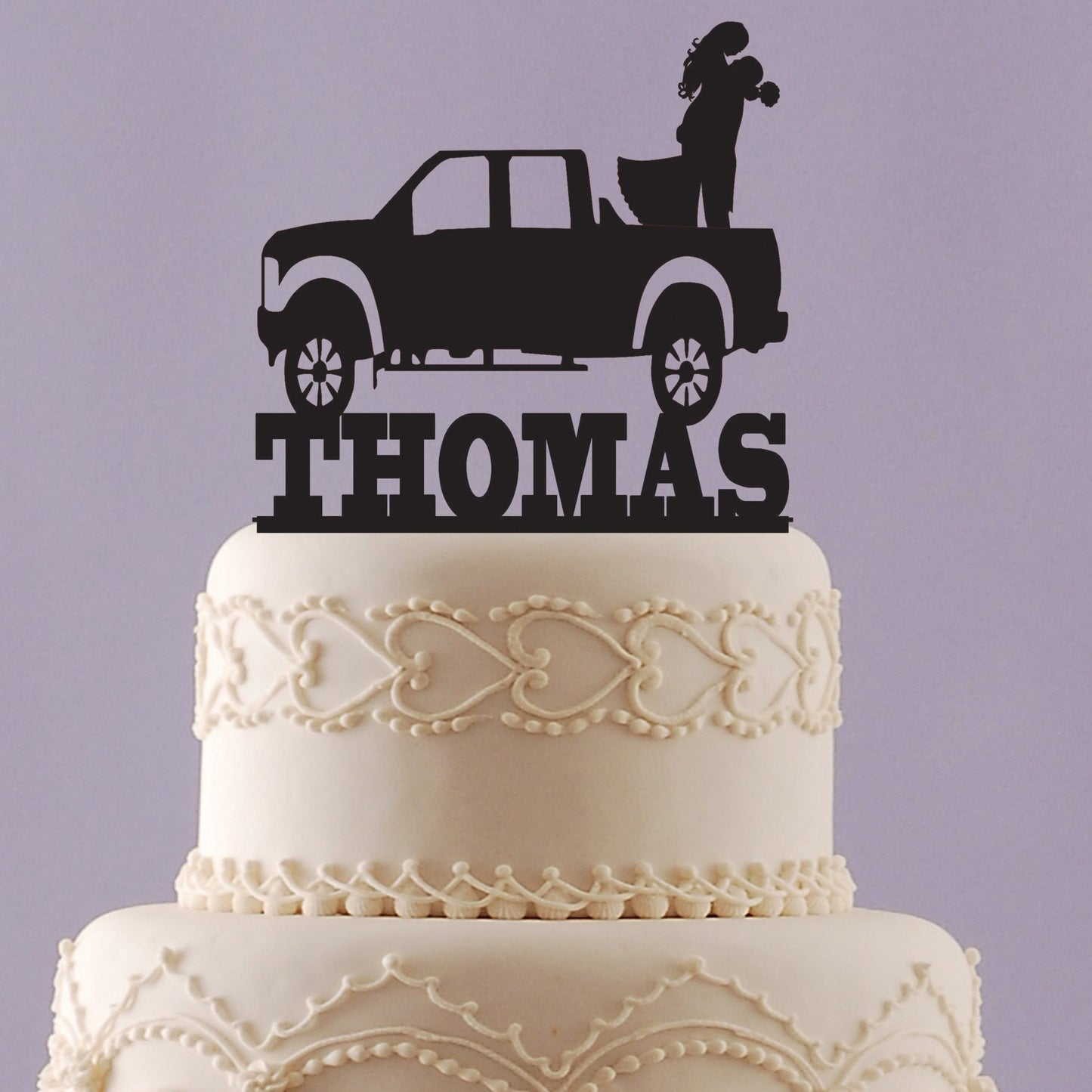 Bride and Groom in Truck Cake Topper with Name