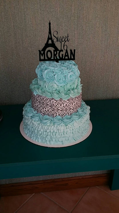 Sweet 16 with Name and Paris Eiffel Tower Cake Topper